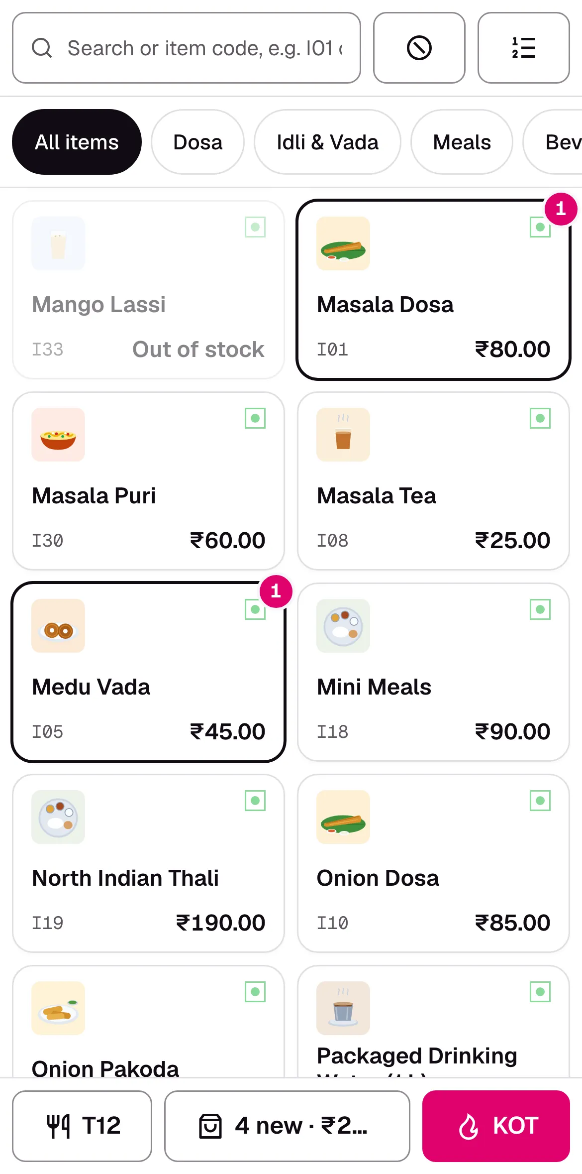 Apron's POS on a phone: dishes added to an order, ready to send the KOT.