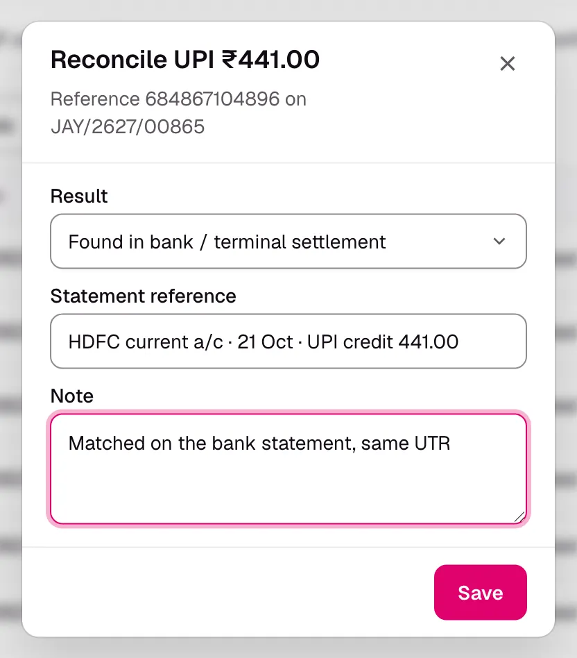 Reconciling a UPI payment of ₹441.00 in Apron against the bank statement line, with the reference and a note.